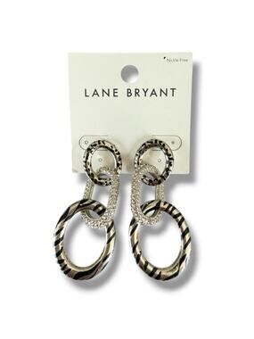 Lane Bryant Animal Print Chain Link Earrings Silver Black Rhinestone 2.6” NWT